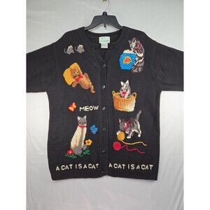 Vintage Quacker Factory A Cat Is A Cat Black Button Up Knit Cardigan Size Large